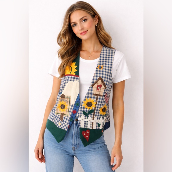 Handmade Jackets & Blazers - Vintage Patchwork Sunflower Gingham Vest Cottagecore Farmhouse Folk Art L